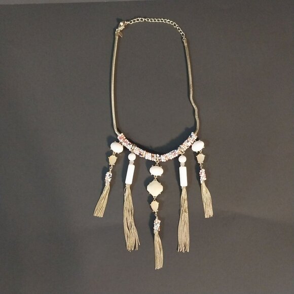 CHICO'S Seed Bead Gold Fringe Tassel Statement Necklace - Picture 2 of 5